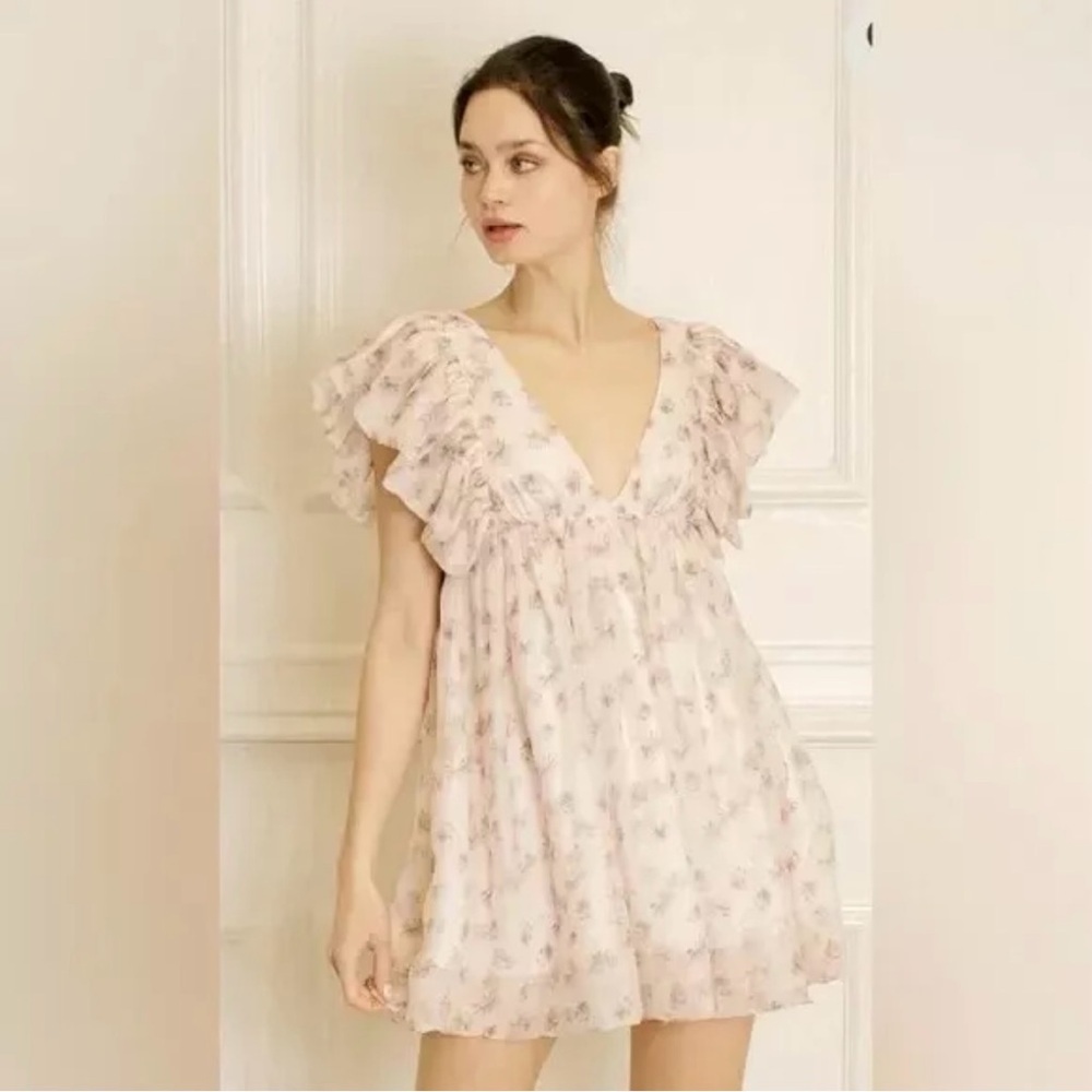 Storia Womens Layla Floral Ruffle Babydoll Dress Size Large Pink/Purple V Neck